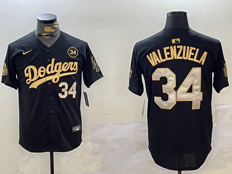 Men Los Angeles Dodgers #34 Valenzuela 2024 World series patch black jersey 20241120125